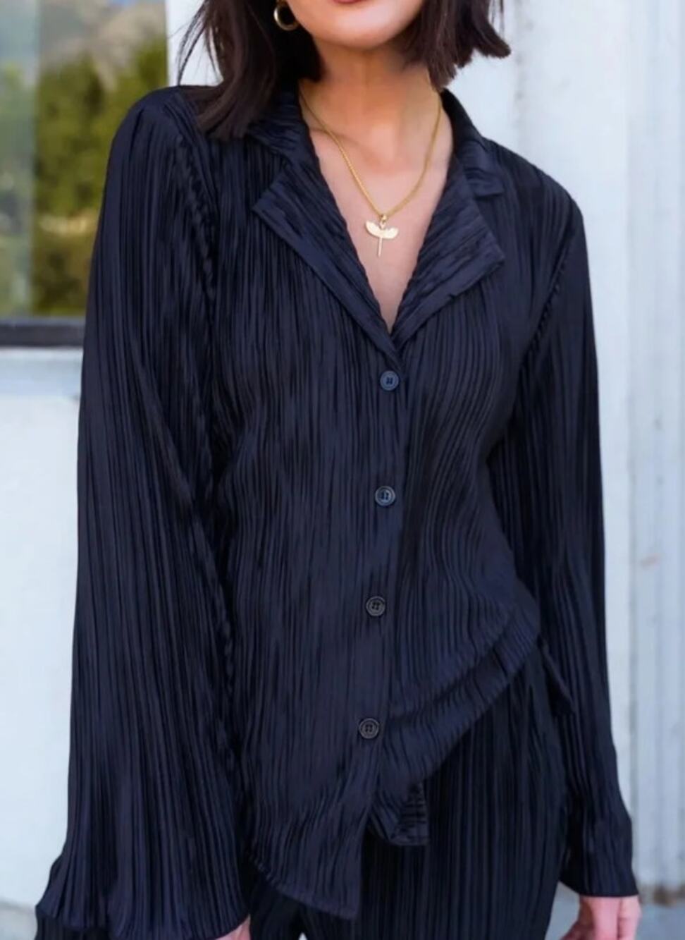 Dressed in Lala Plisse Button Up Shirt Black Pleated Long Sleeve Women's M
